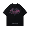 Men's black cotton t-shirt with retro printed design on round neck, loose fit short sleeves