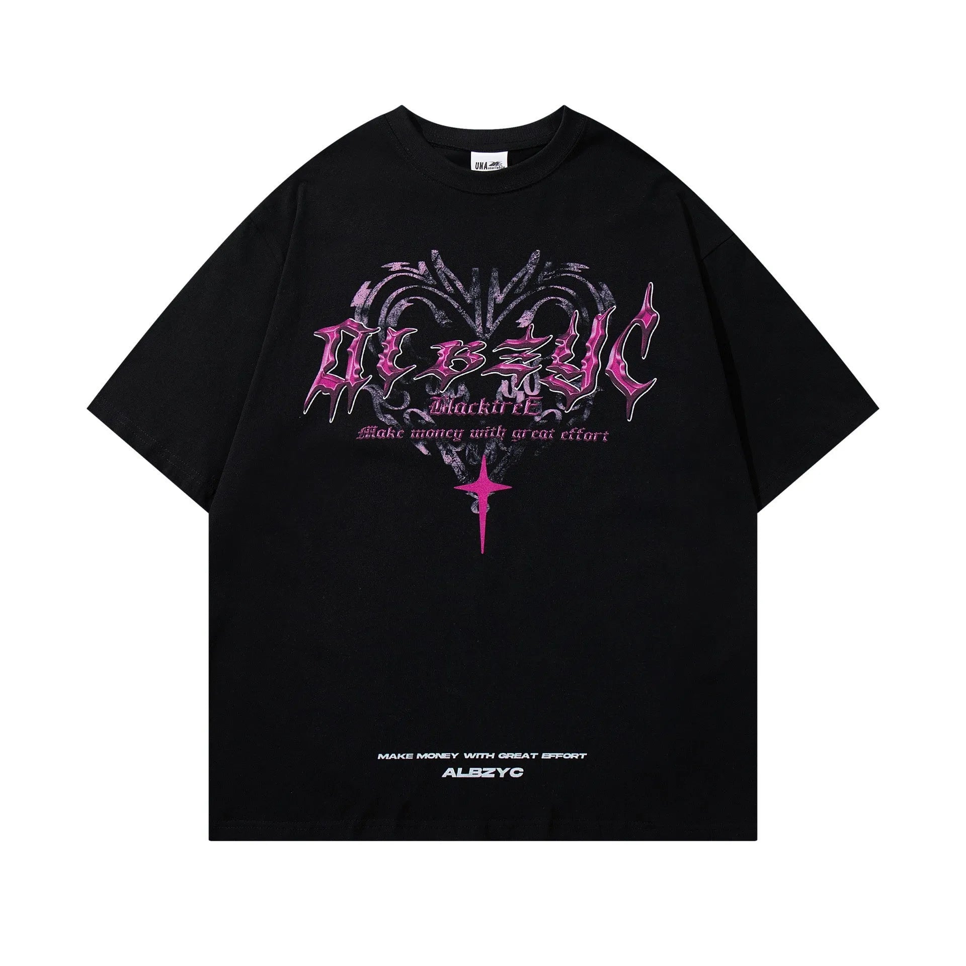Men's black cotton t-shirt with retro printed design on round neck, loose fit short sleeves