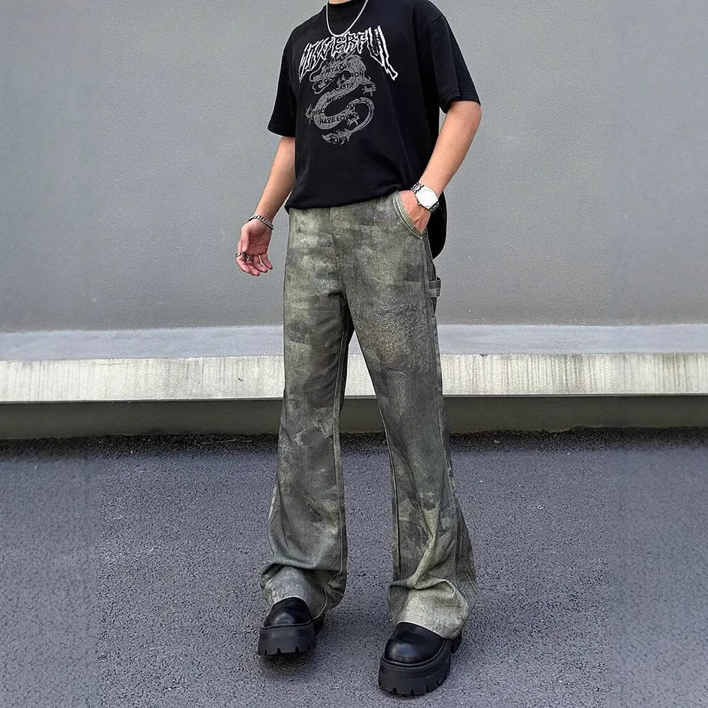 Men's straight leg denim jeans with retro camouflage pattern in picture colour