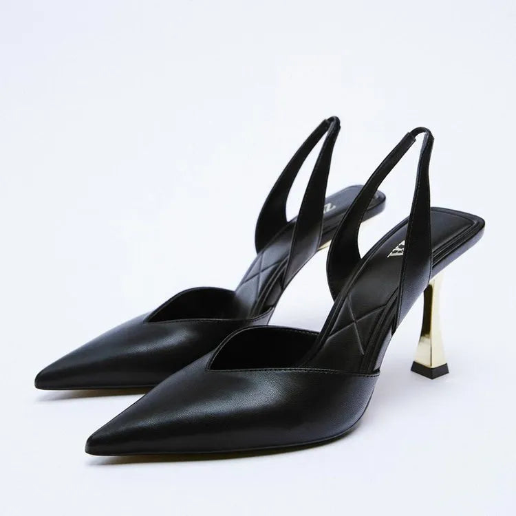 Women's pointed toe patent leather high heels in apricot colour with shallow mouth design