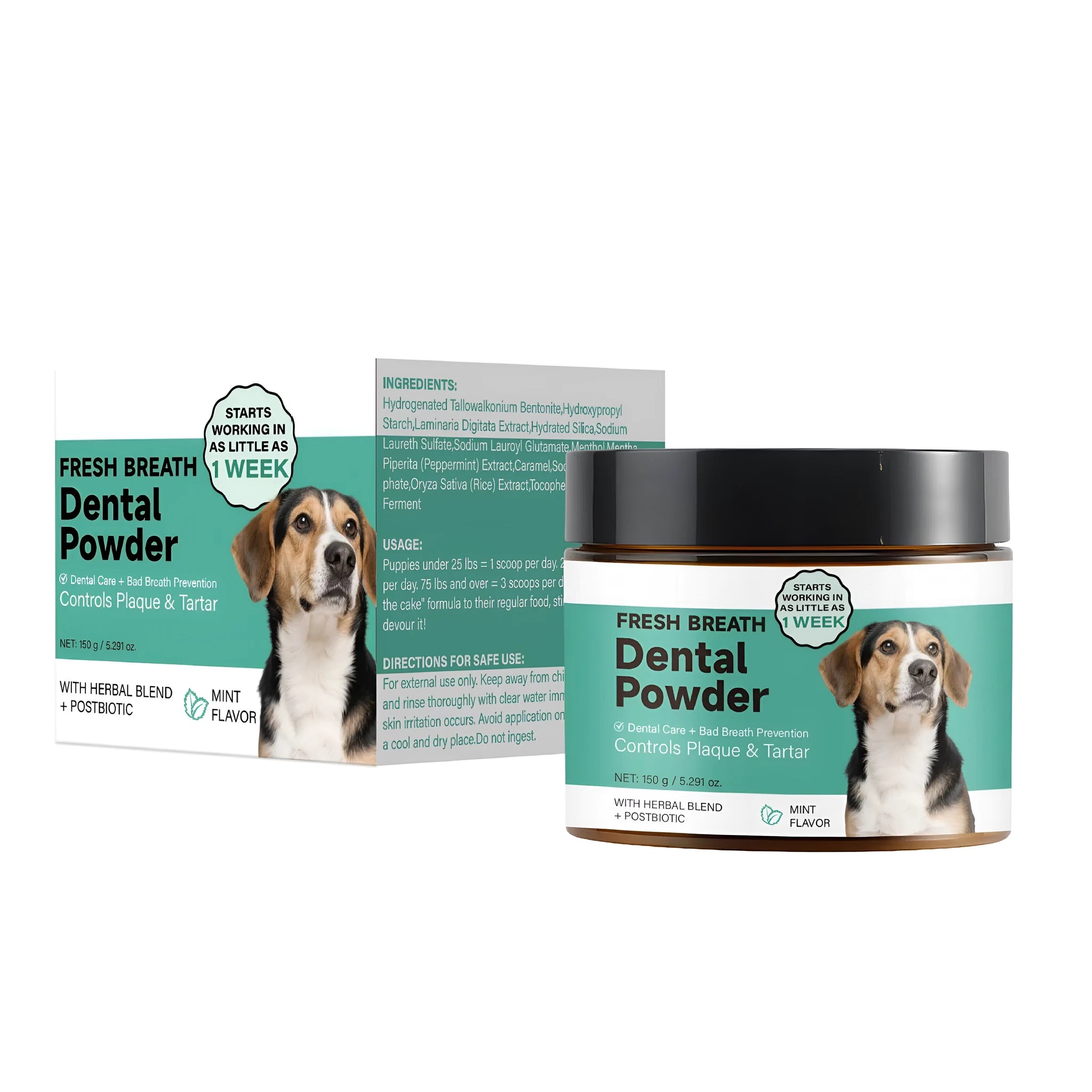 150g container of dog dental cleaning powder with bamboo charcoal and mint formula for plaque control