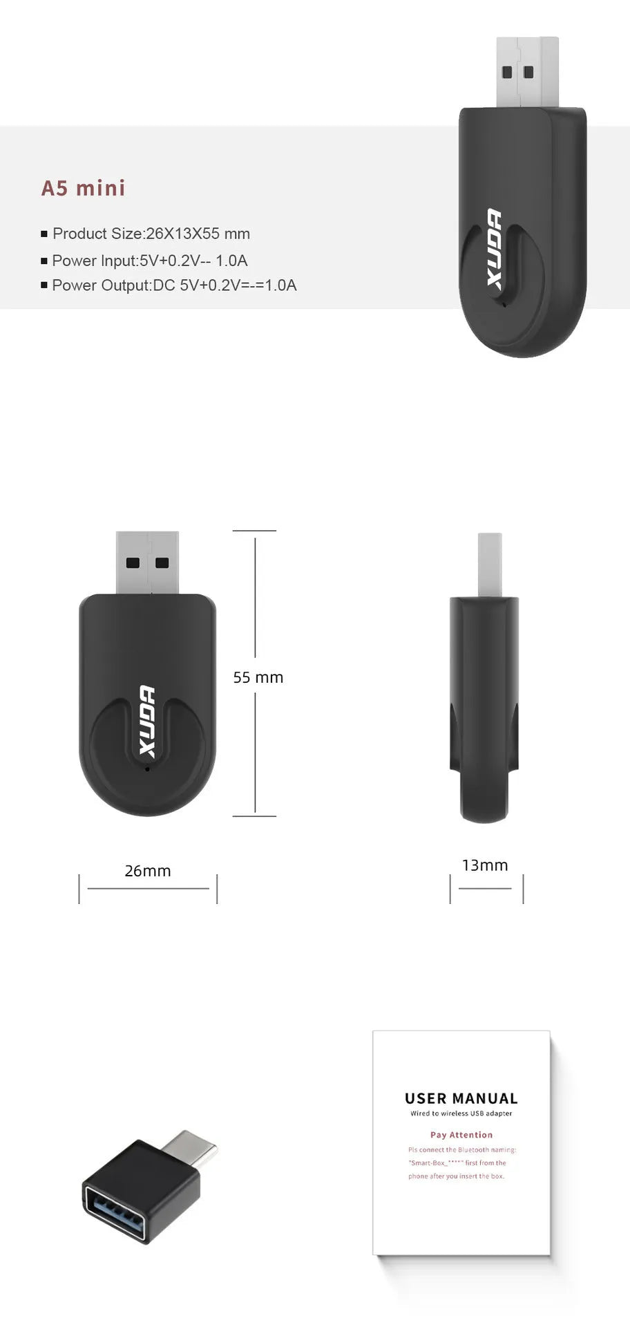 Black mini CarPlay USB interface wireless data converter with compact ABS PC housing