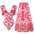 Women's printed one-piece swimsuit on a hanger showing polyester fabric and lining.