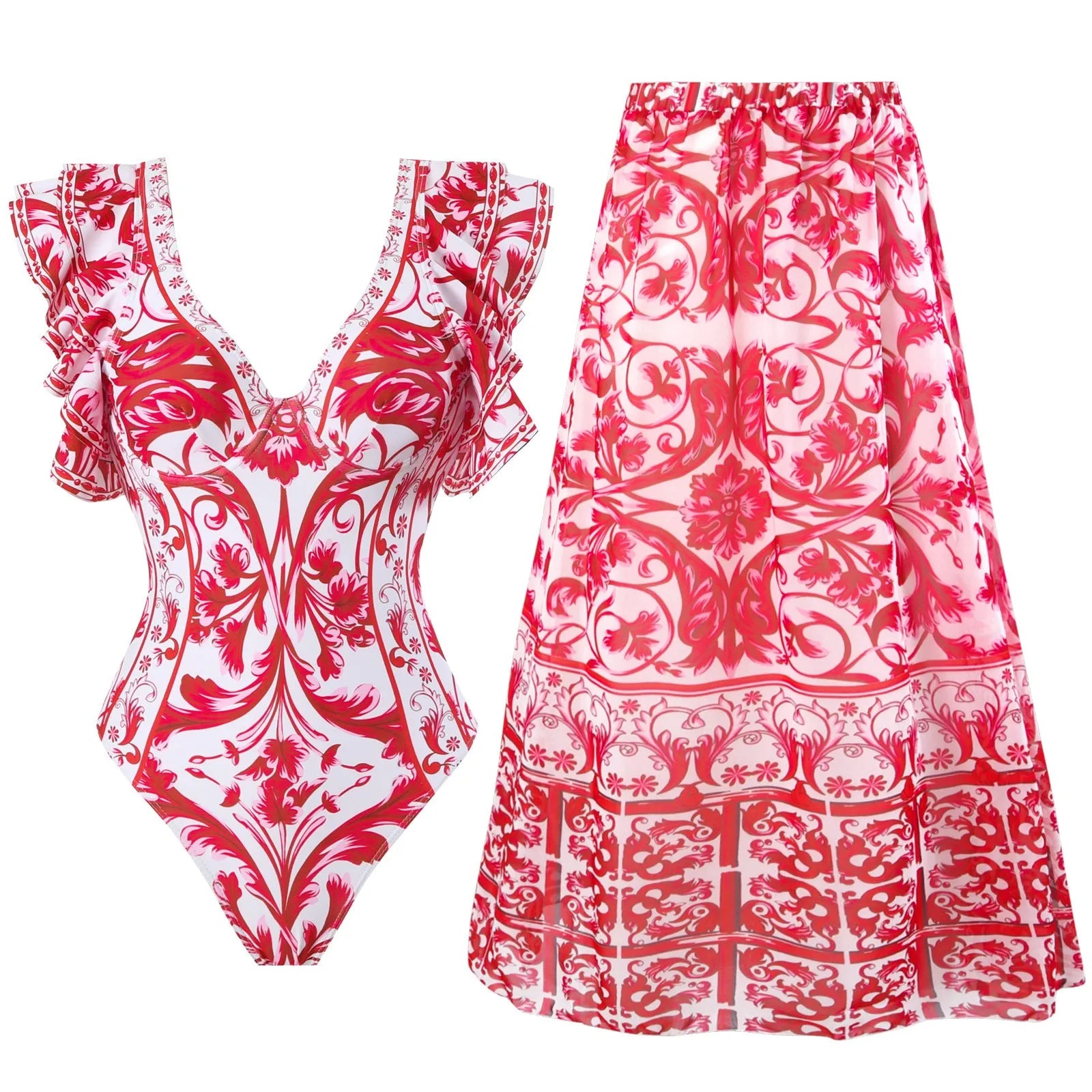 Women's printed one-piece swimsuit on a hanger showing polyester fabric and lining.
