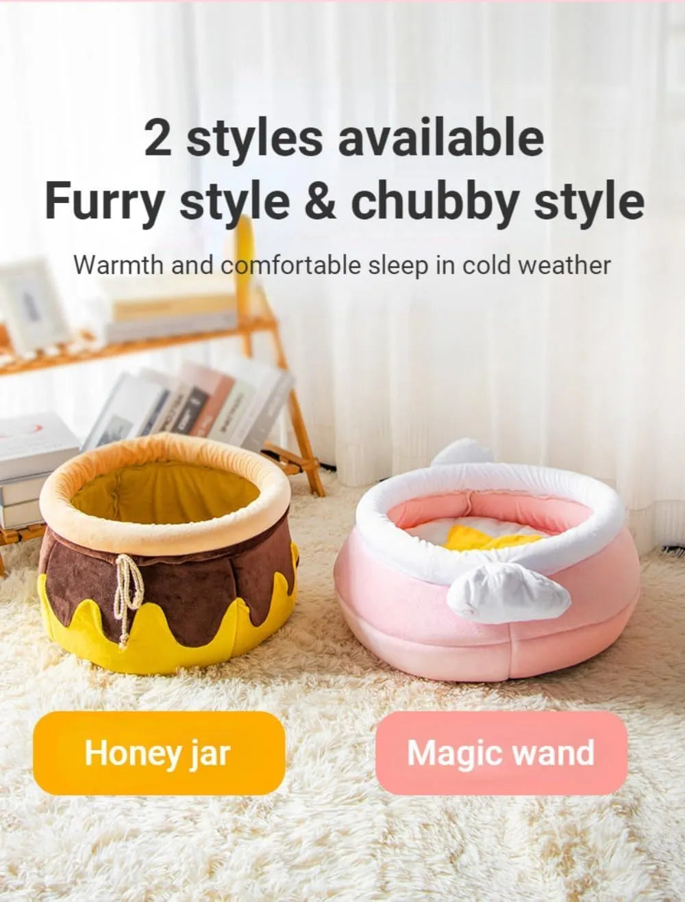 Pink honey pot-shaped cat sofa bed with a soft, removable grey nest pad inside.