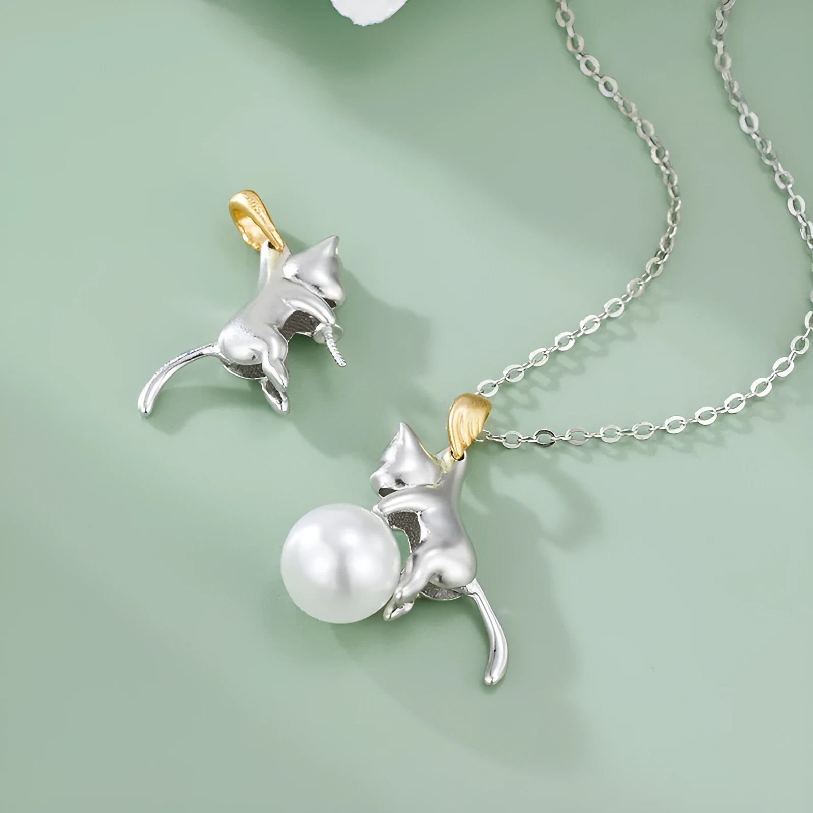 925 sterling silver clavicle chain necklace with a cat charm and electroplated finish.