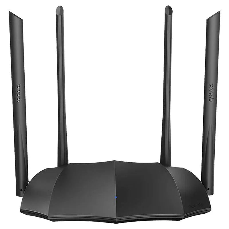 AC8 dual-band wireless gigabit router with compact black design on a desk.