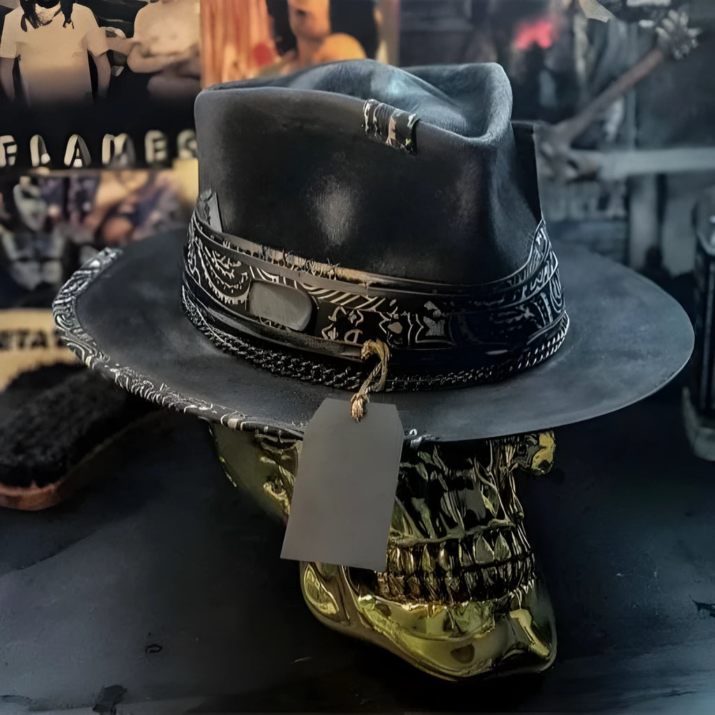 Handmade wool felt and denim Halloween skull hat with conical crown design