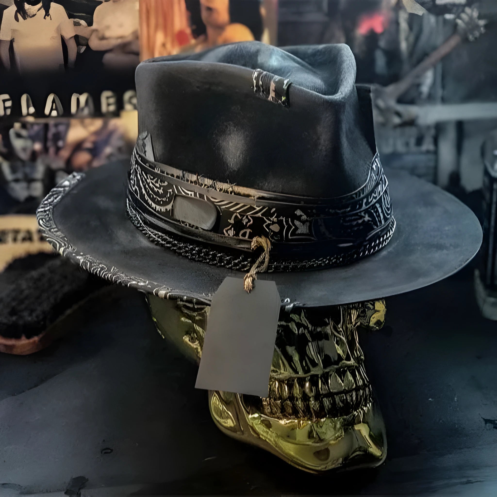 Handmade wool felt and denim Halloween skull hat with conical crown design