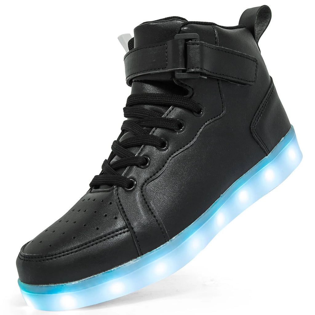 Black LED light-up high-top shoes with Velcro strap and glowing sole.