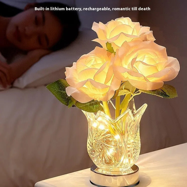 White crystal flowers touch control table lamp with USB charging cable on bedside table