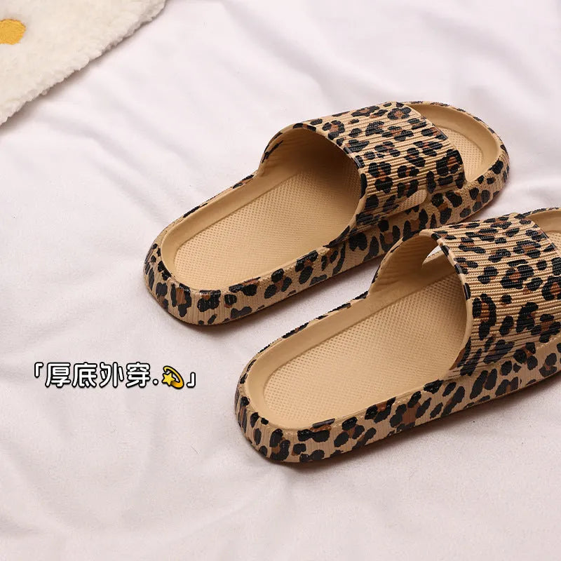 Women's leopard print EVA slippers with thick sole in black, pink, white zebra and khaki colours