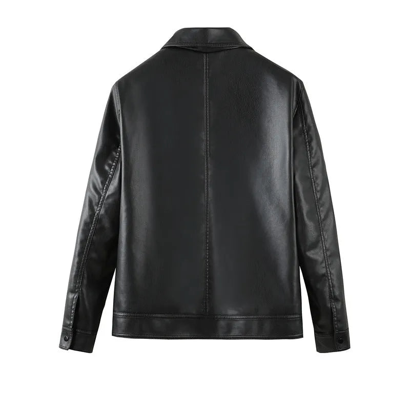 Men's black PU leather casual jacket with zipper pockets shown on a model.