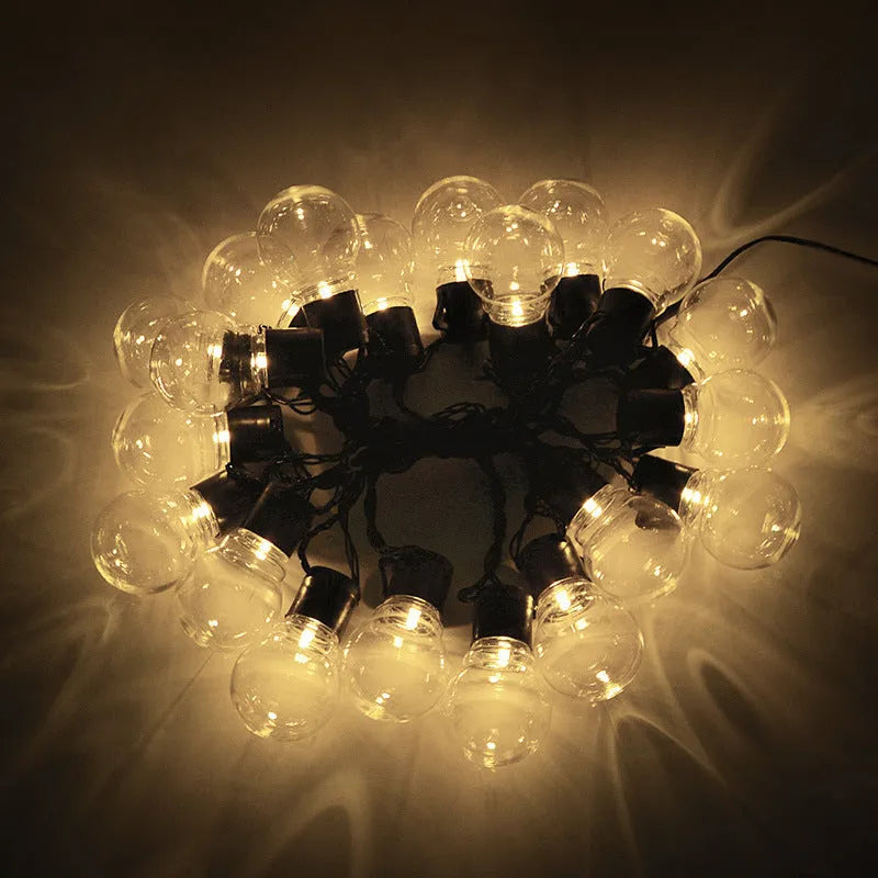 10 metre solar-powered festival tent light string with 40 LED bulbs on black wire