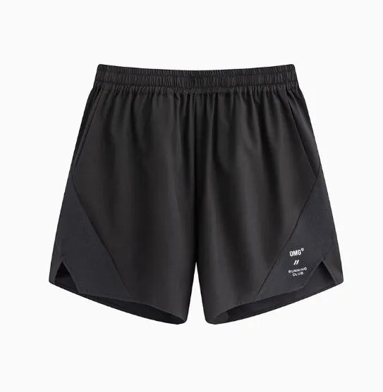 Men's black and blue stretch running shorts with laser punching for athletic training