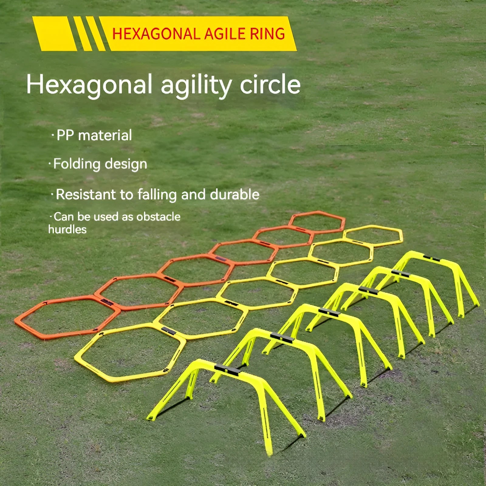 Set of six foldable yellow, green, and orange plastic hexagon football agility training rings laid out on grass.