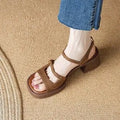 Women's retro platform sandals with open square toe and pointed bracket in beige and brown colours