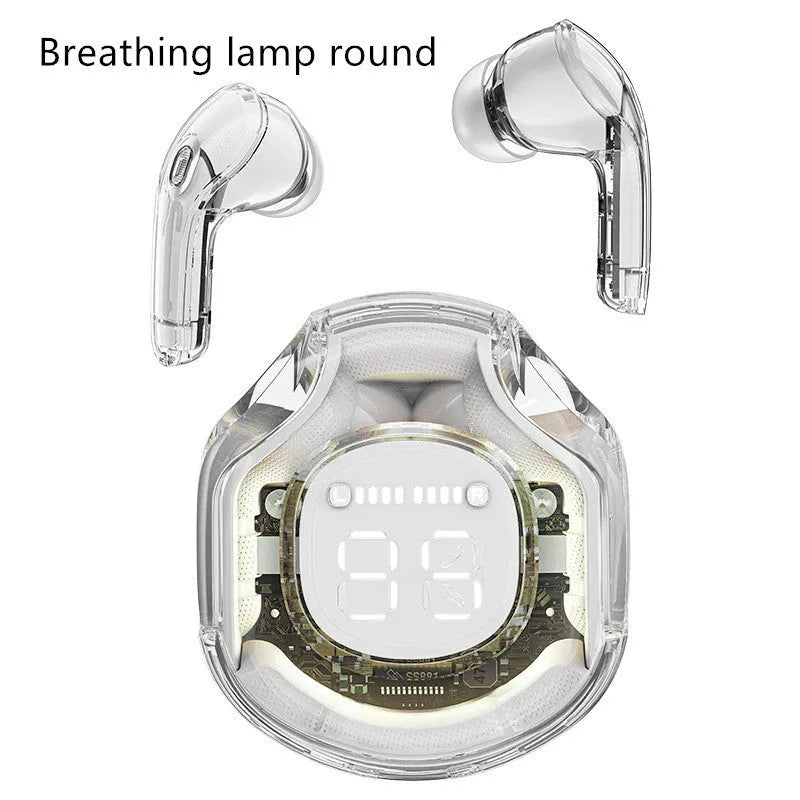 Transparent wireless Bluetooth in-ear headset shown in white, black, pink, sky blue, or violet colours