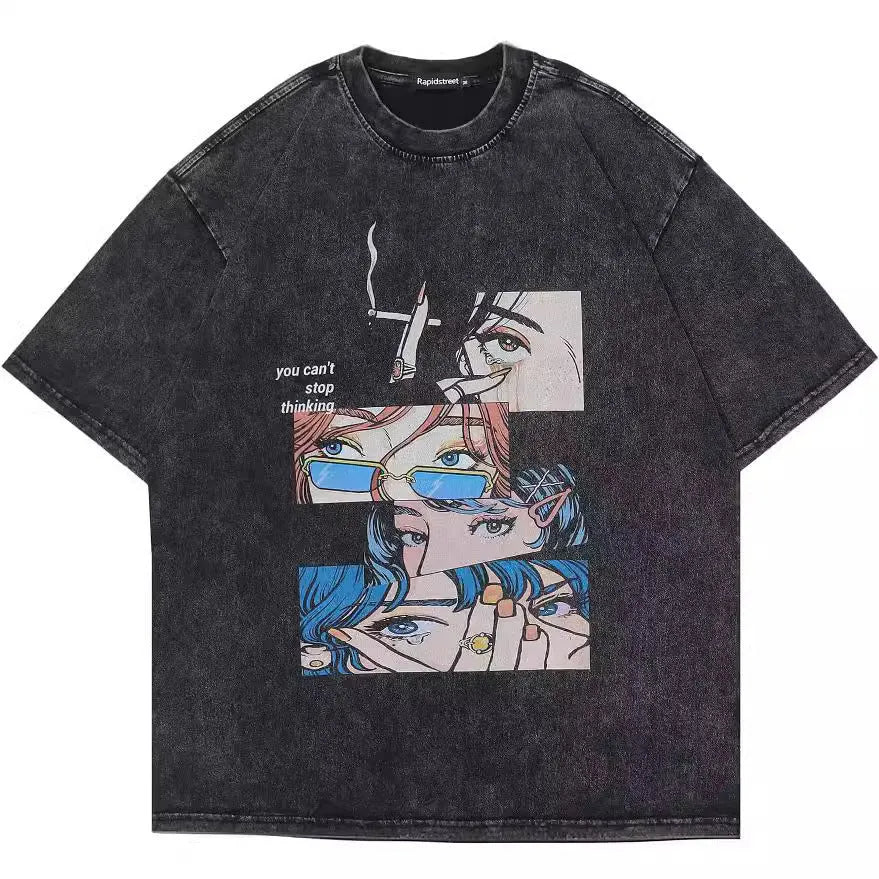 Men's loose fit cotton t-shirt with cartoon digital print in washed black, short sleeve casual top