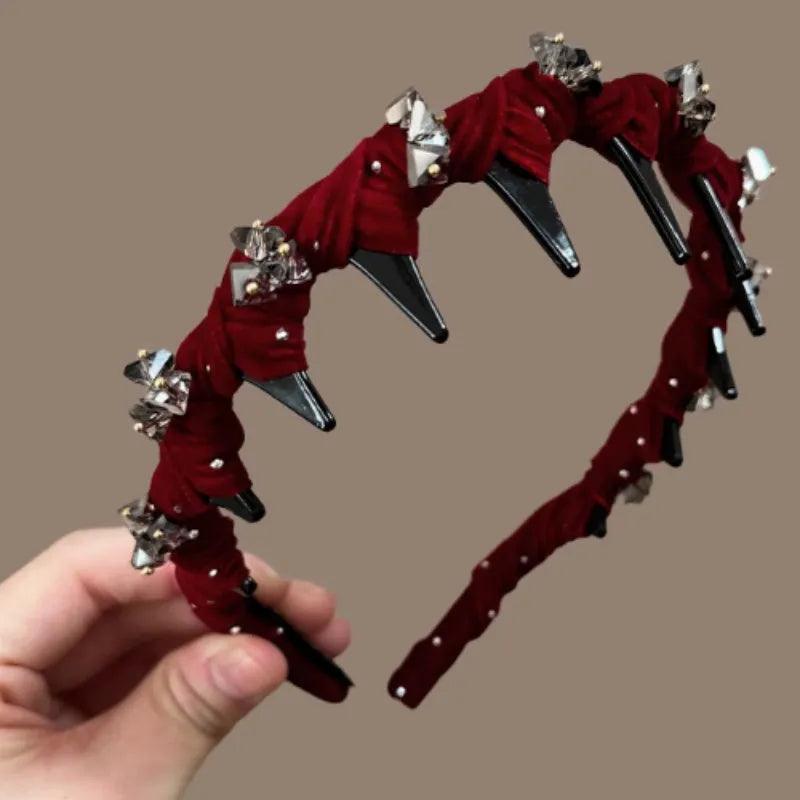 French velvet hairband with hand-beaded crystal decoration in wine red colour
