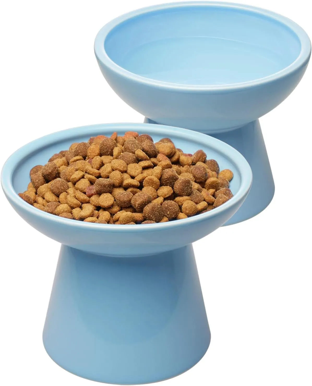 Ceramic elevated cat food bowl with wide shallow 16cm design in blue colour