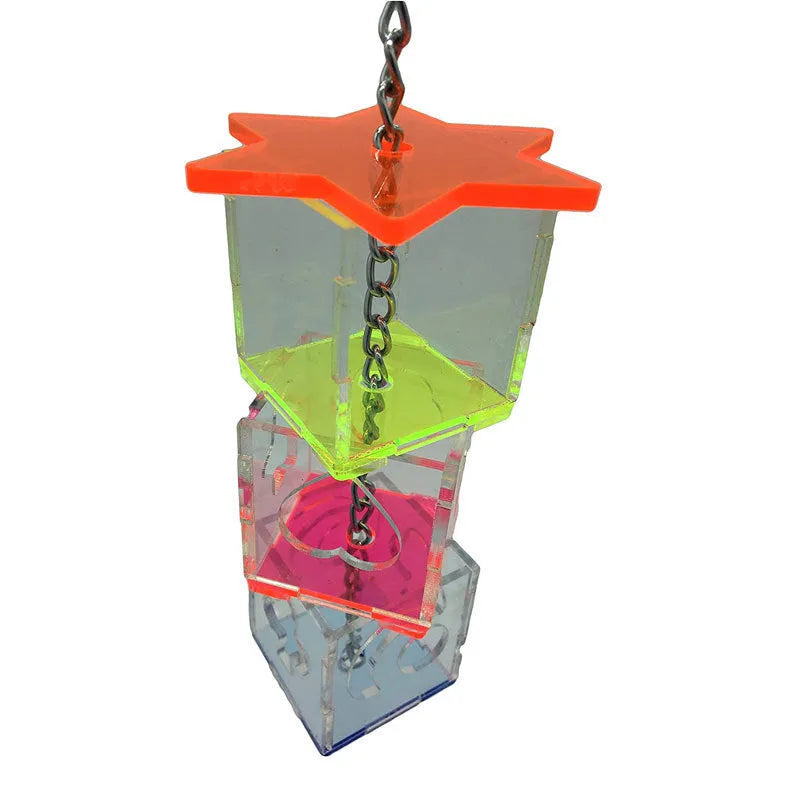 Clear acrylic parrot foraging toy measuring 5x5x32cm for bird enrichment with fruit and nuts