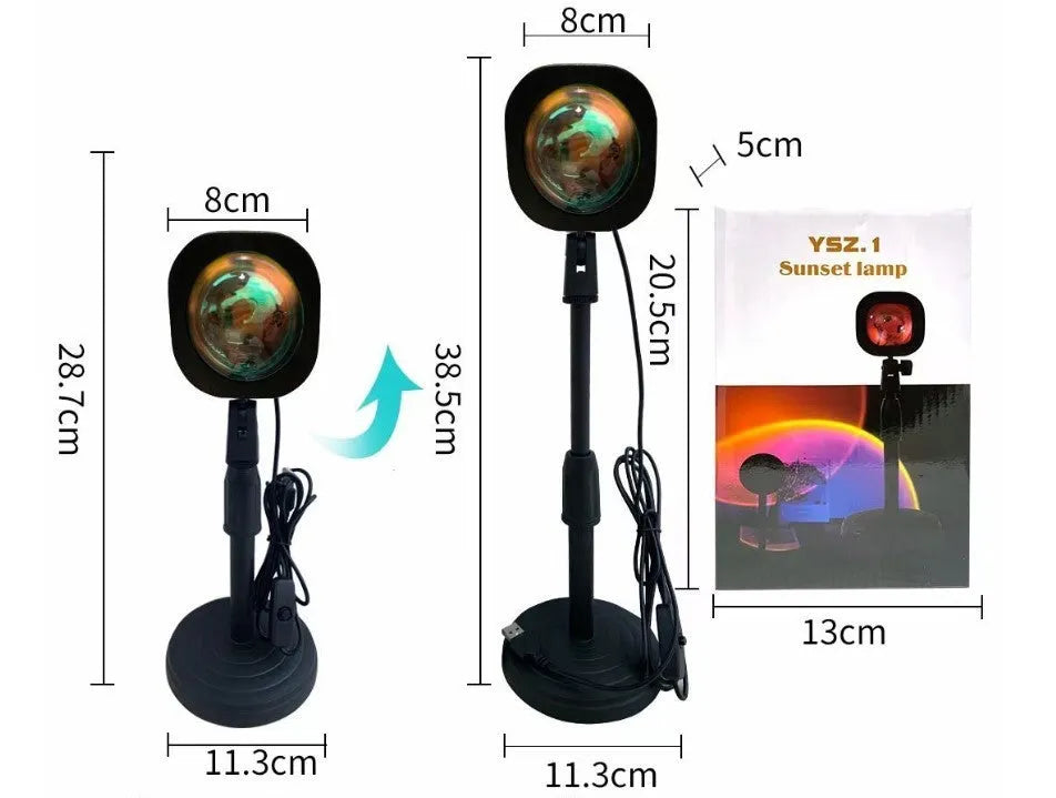 Rechargeable sunset projection lamp showing rainbow and red light patterns