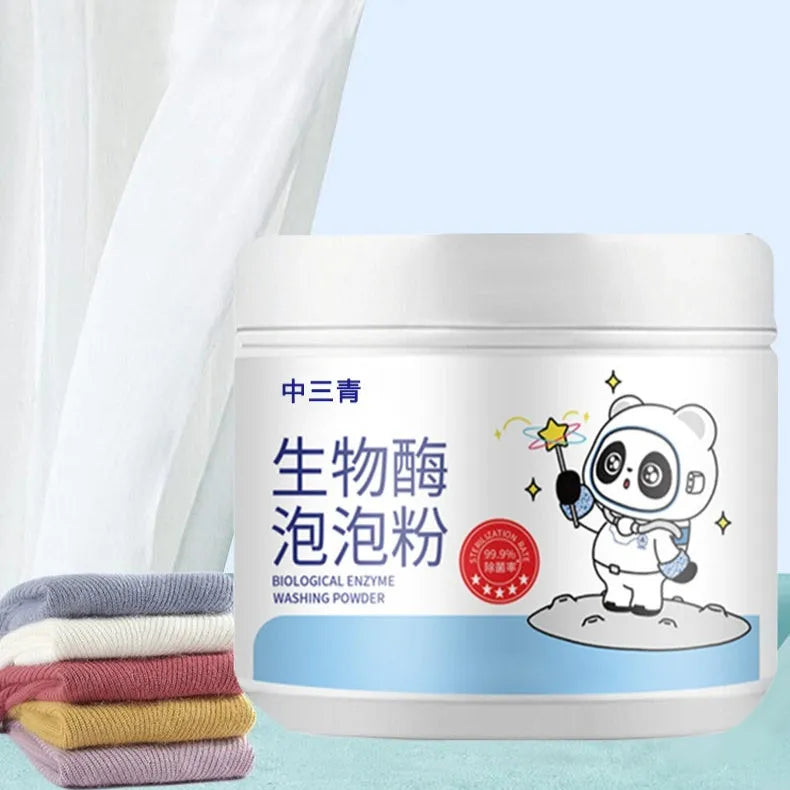 Bottle of biological enzyme bubble laundry powder for stain removal on delicate fabrics.