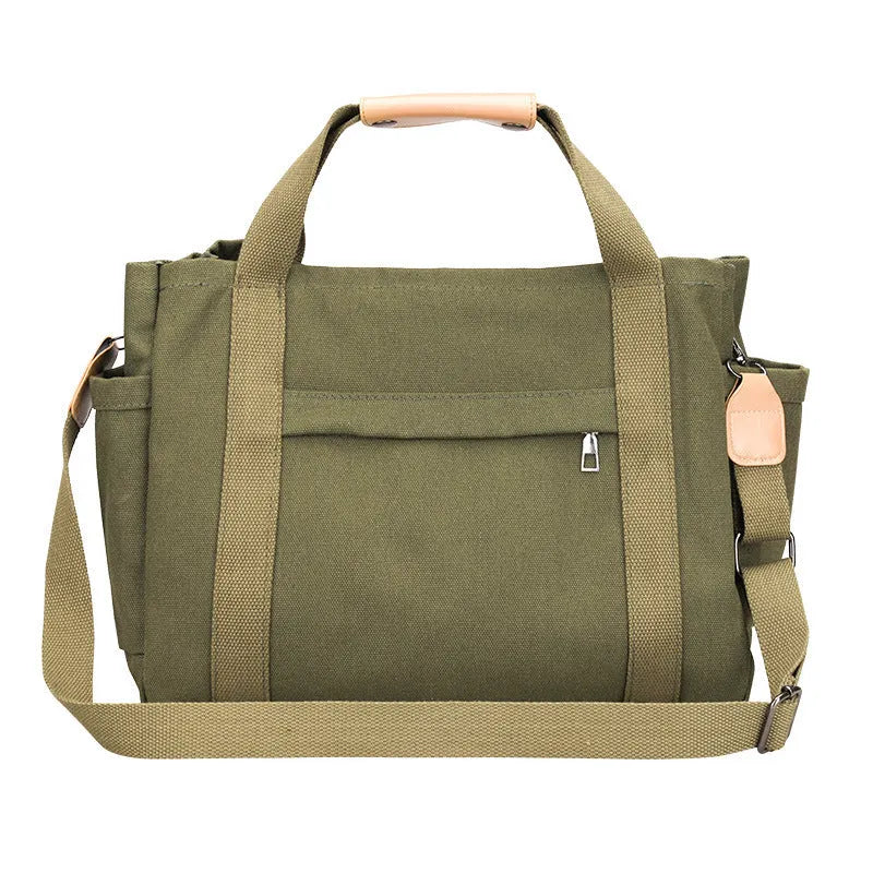 Women's large capacity canvas tote bag with multiple internal pockets in horizontal square design