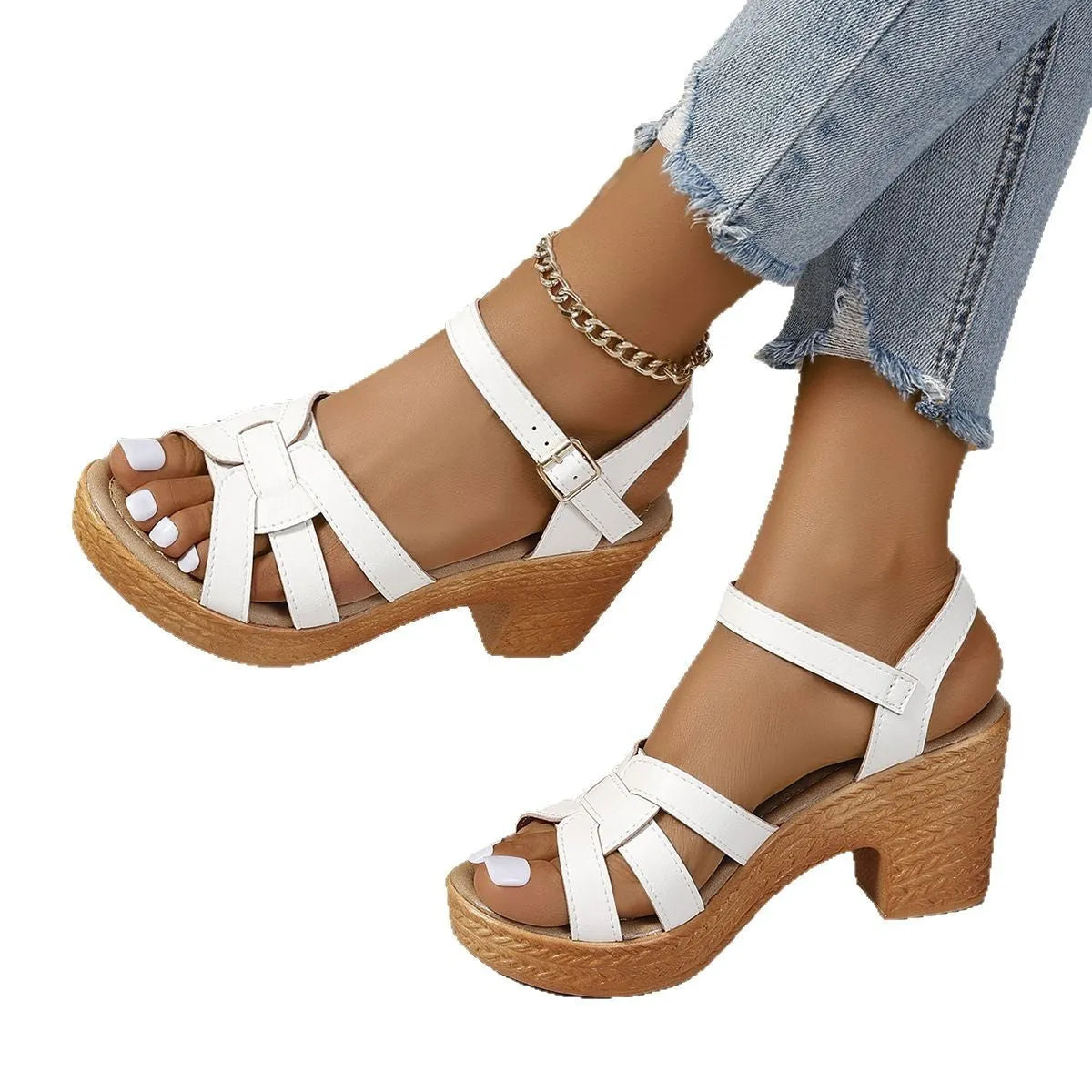 Plus size women's Roman peep toe sandals with chunky heel and ankle strap buckle in PU leather