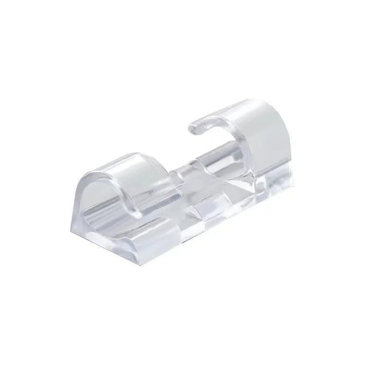 Transparent plastic self-adhesive cable management snap clips in a pack of 20.