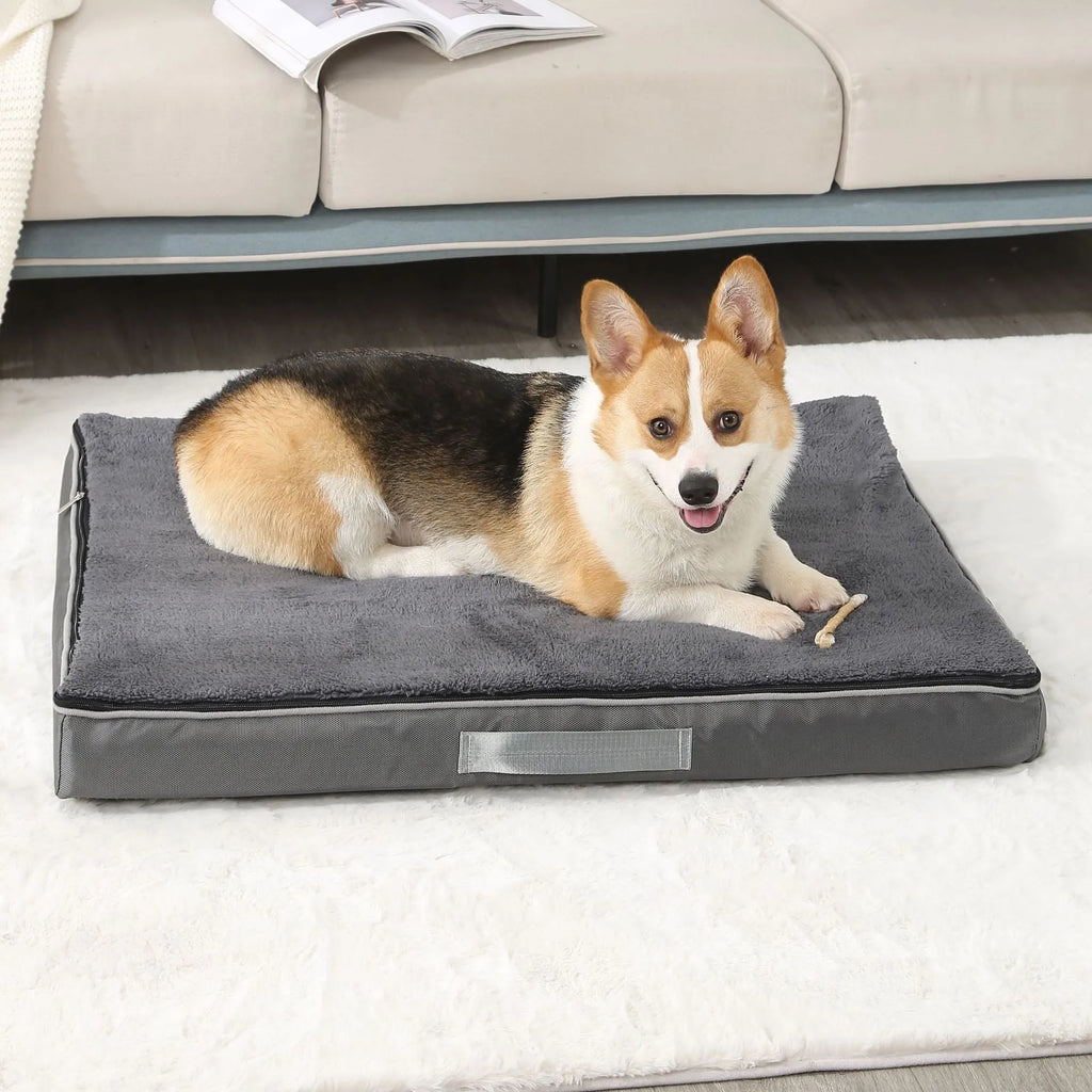 Removable washable memory sponge dog mat in brown, dark grey, khaki, or white and blue.