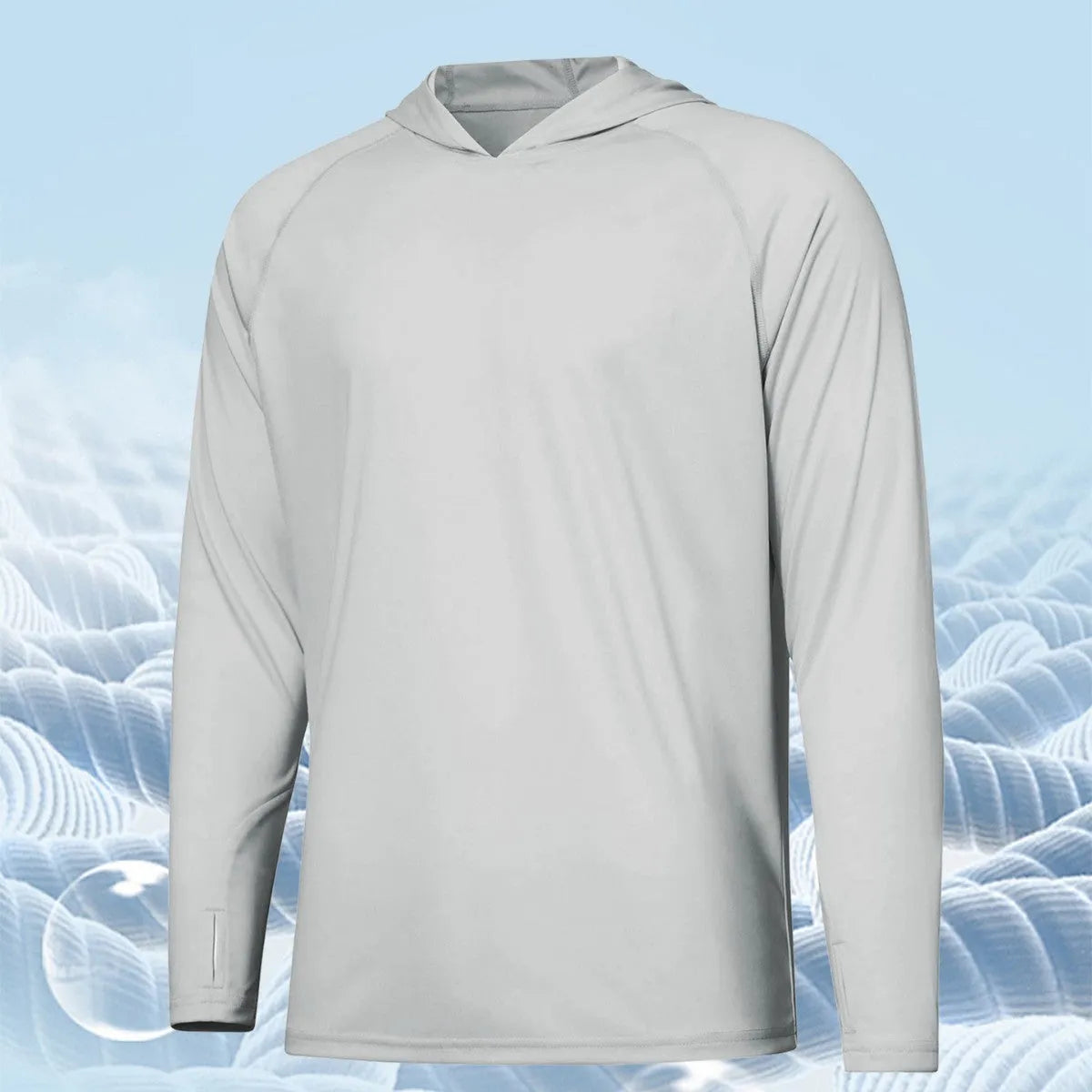 Long-sleeved hooded outdoor top in a solid colour for fishing and climbing with UV protection.