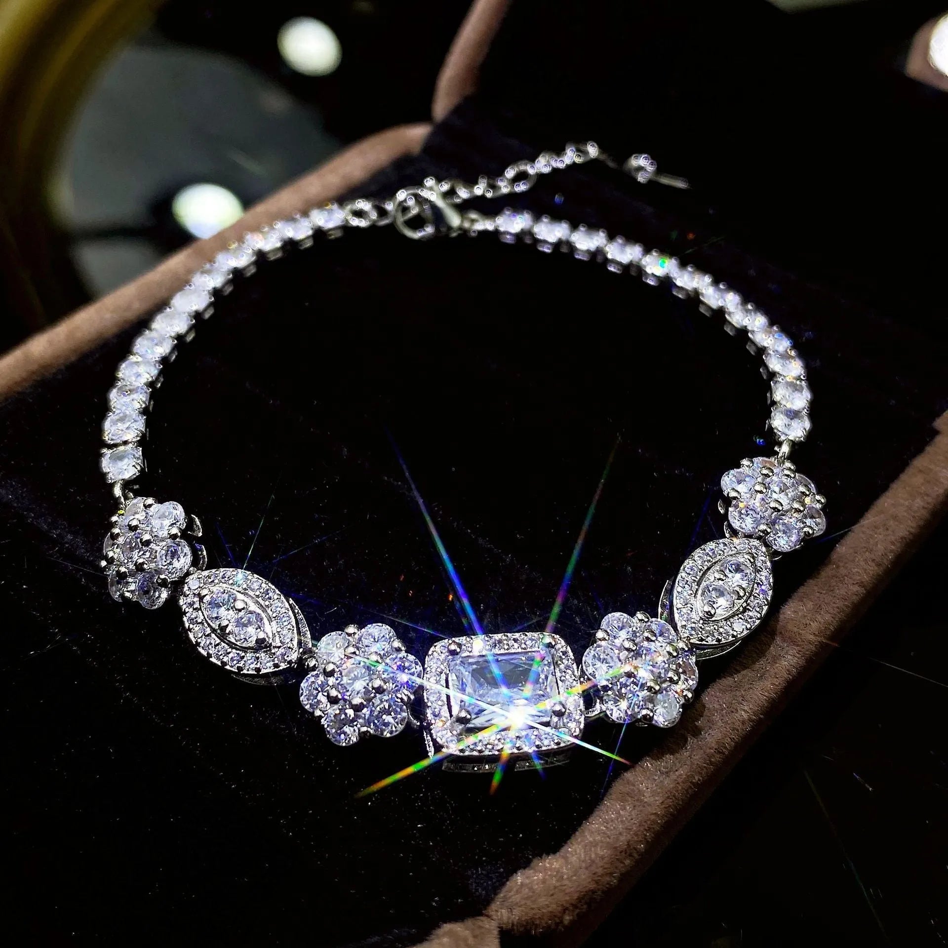 Women's geometric silver bracelet with zircon stones in two size options