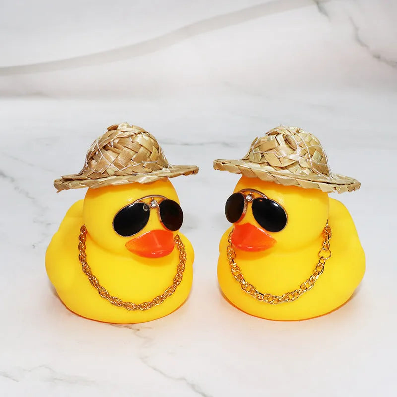 Yellow duck wearing straw hat car dashboard ornament with sunglasses necklace accessory