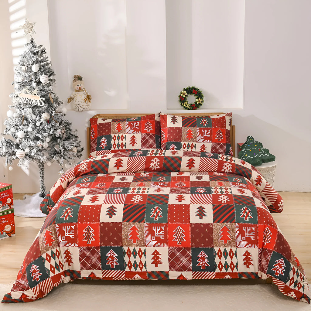 Christmas red plaid pattern bedding three-piece set with European style bed cover design