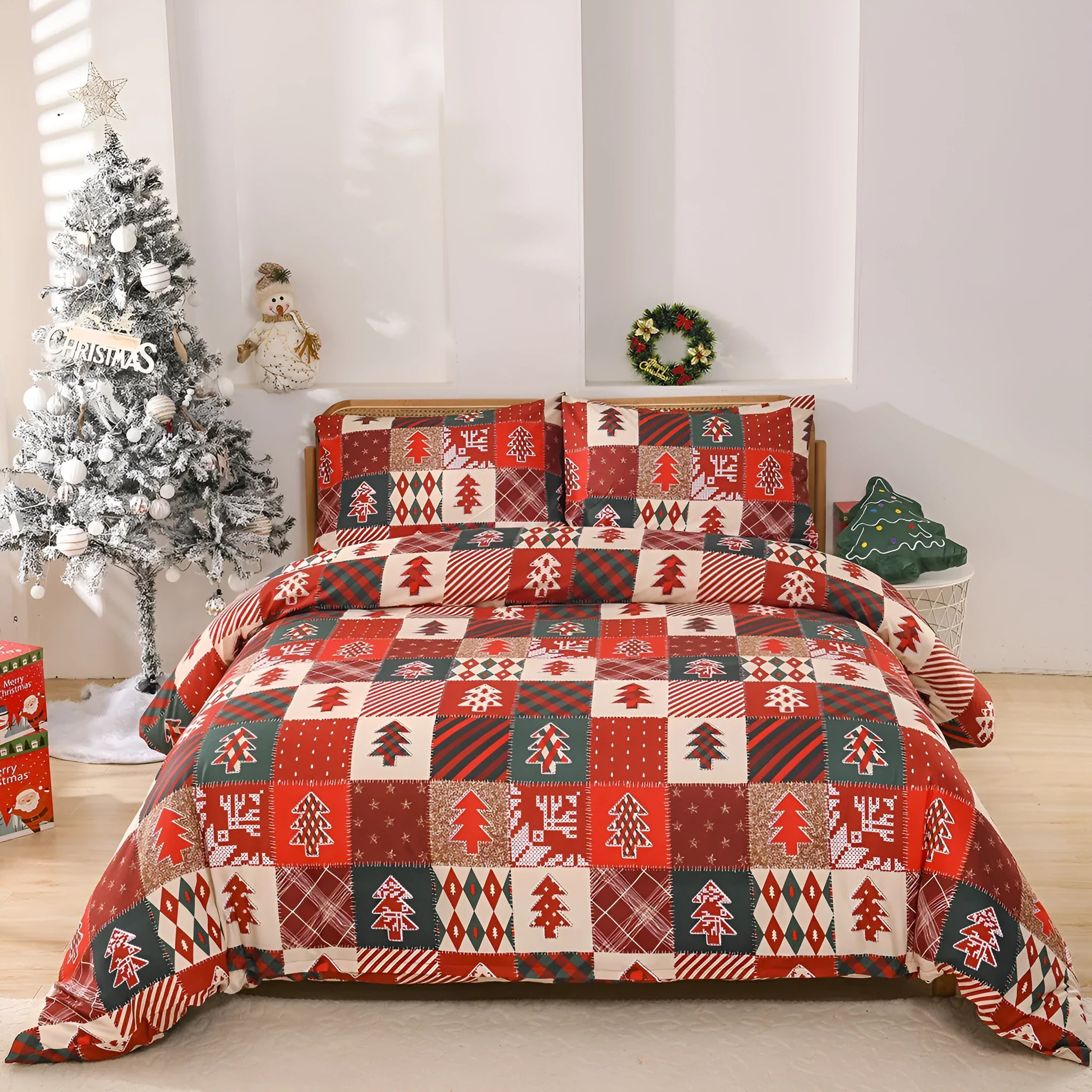 Christmas red plaid pattern bedding three-piece set with European style bed cover design