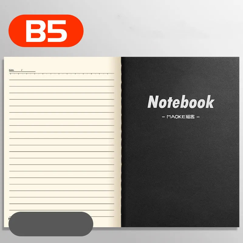 Ten soft cover kraft paper notebooks with thread binding in A5 and B5 sizes showing multiple design styles