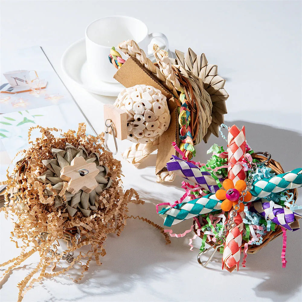 Parrot gnawing toy with wooden blocks in three different configurations for bird chewing enrichment