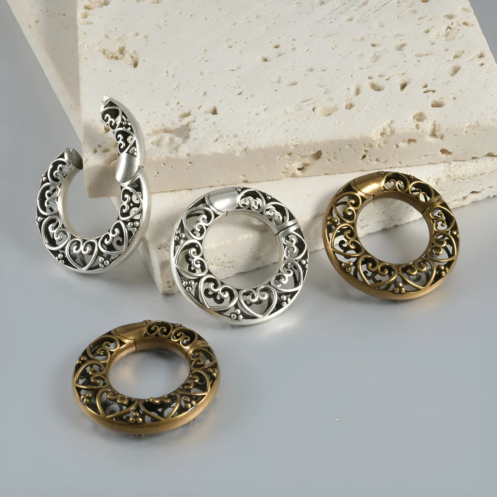 Retro heart-shaped and lotus magnetic earrings in antique silver and Ancient gold finishes