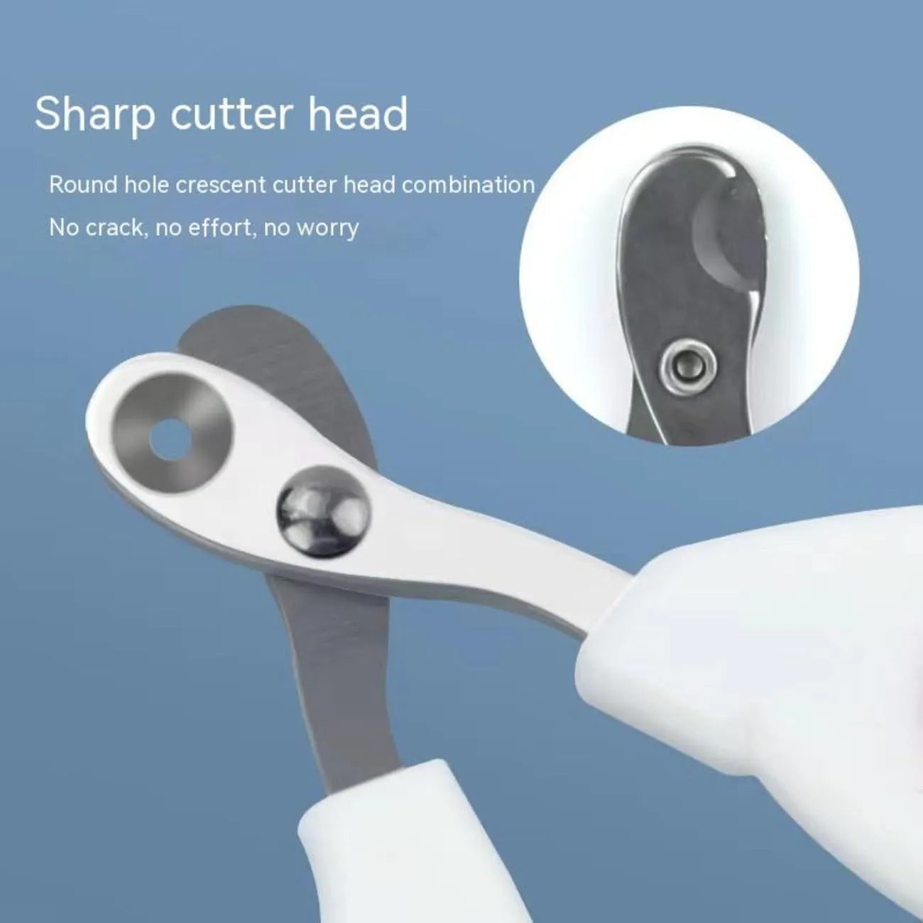 Blue cat nail clippers with circular hole design and cushioned non-slip handles.