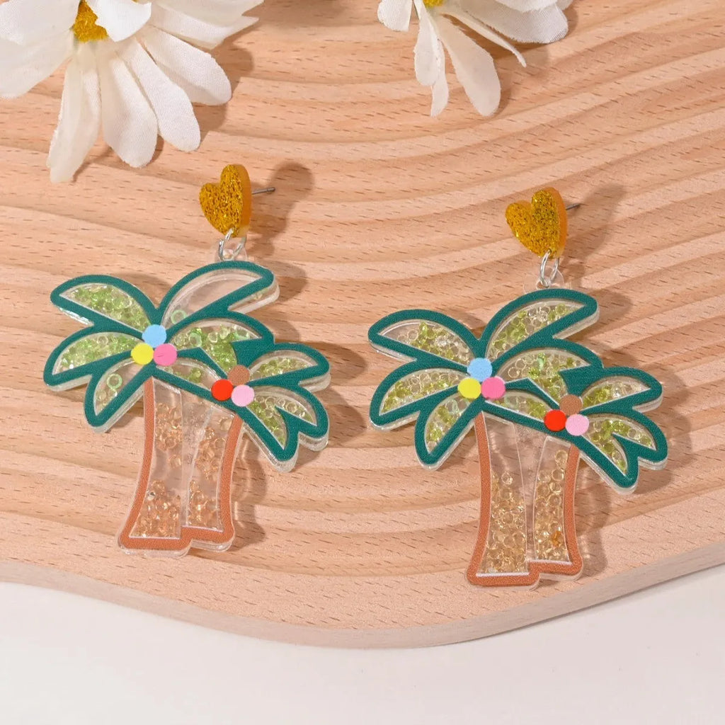 Colourful acrylic earrings shaped like cherry, strawberry, watermelon, pineapple, coconut tree, cake, and ice cream