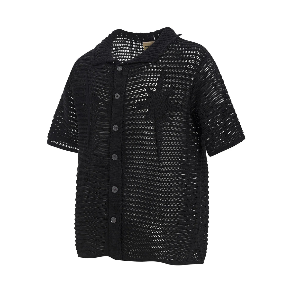 American retro loose design short sleeve cotton shirt in apricot and black colours on a hanger.