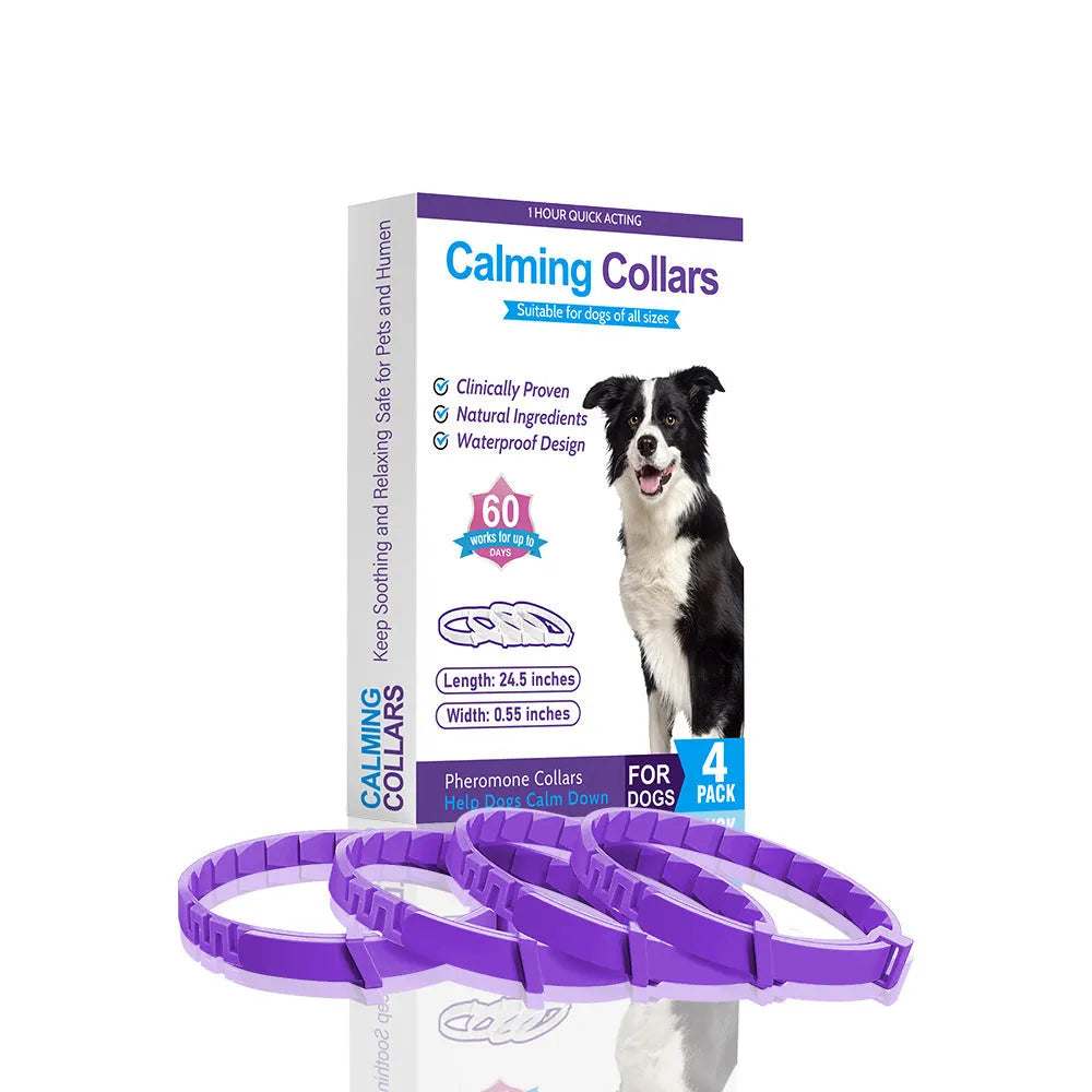 Four dog anxiety relief collars with Chinese monochrome pattern in various colours