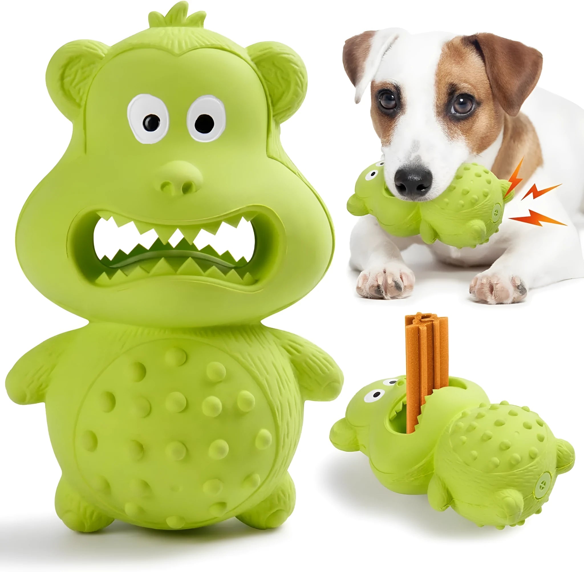 Green and yellow natural rubber squeaky dog toy for large breed aggressive chewers.