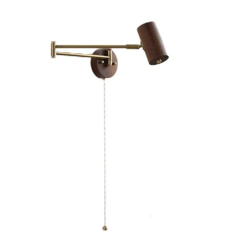Retro wall lamp with rotating long arm in walnut wood and ash iron finish with pull chain switch