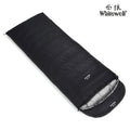 Black outdoor sleeping bag with goose down filler and tear-resistant nylon fabric shown on a neutral background.