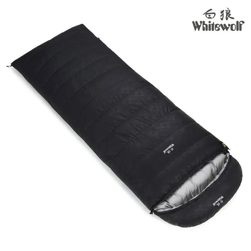 Black outdoor sleeping bag with goose down filler and tear-resistant nylon fabric shown on a neutral background.