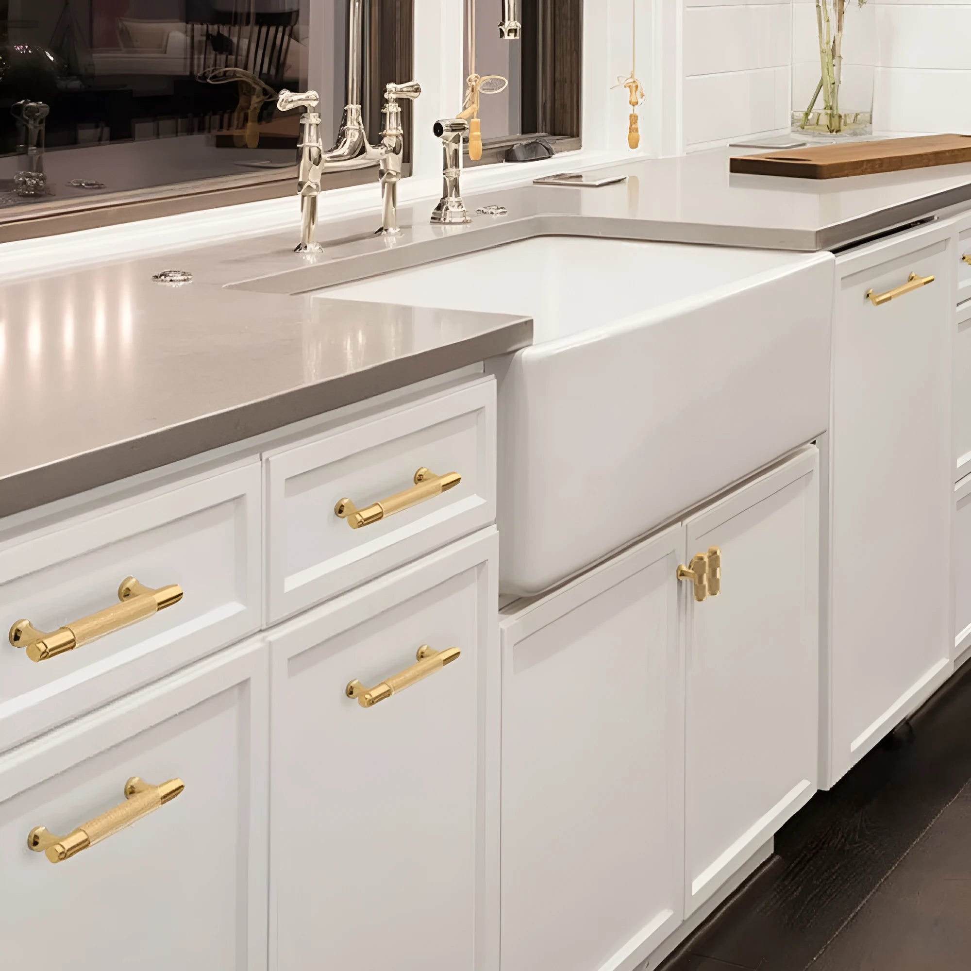 European style aluminium cabinet handle with brushed brass finish showing mounting holes