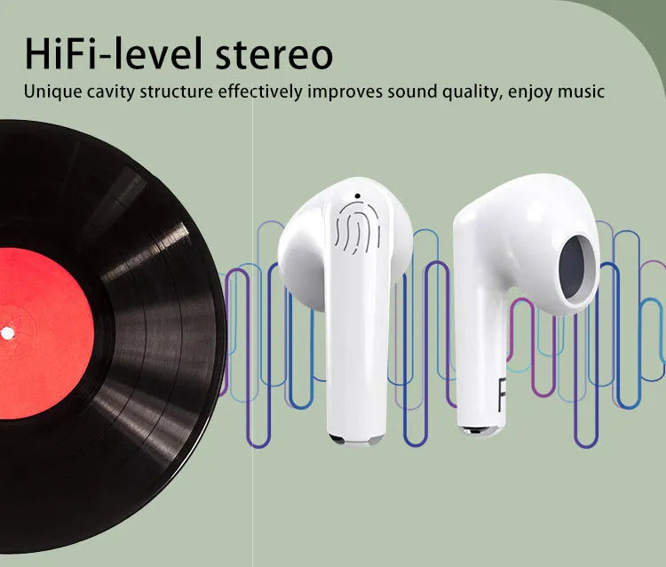 White wireless Bluetooth 5.0 semi in-ear earphones with charging case and noise reduction feature